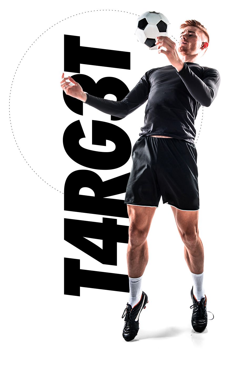 Jugador de fútbol controlando la pelota con el pecho junto al logo T4RG3T